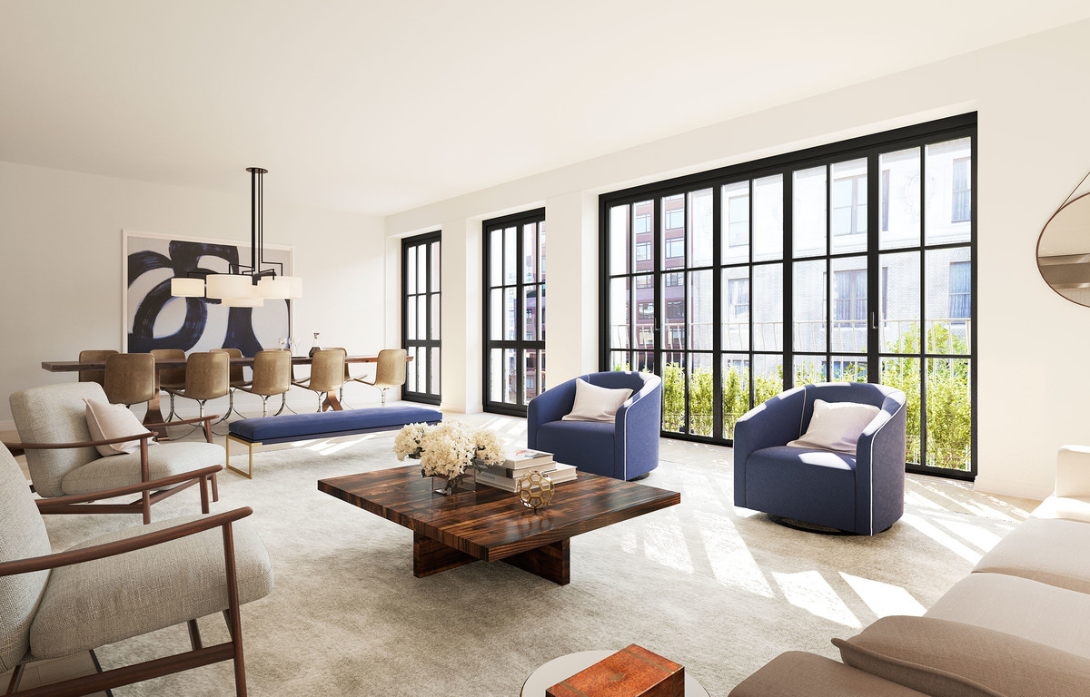 Spacious, light-filled living rooms serve as an ideal background for artwork and traditional or modern furniture. Solid oak flooring, floor-to-ceiling windows, and Juliet balconies provide a fresh but sophisticated feel. 